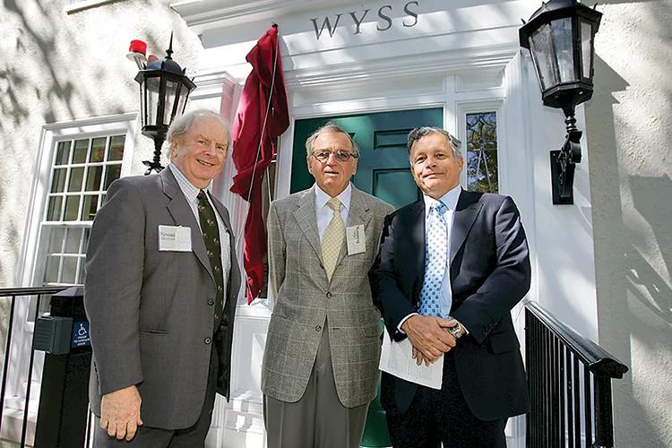 Professor Howard Stevenson, Hansjoerg Wyss (MBA 1965) & Dean Jay O. Light at the dedication of Wyss House in 2006.