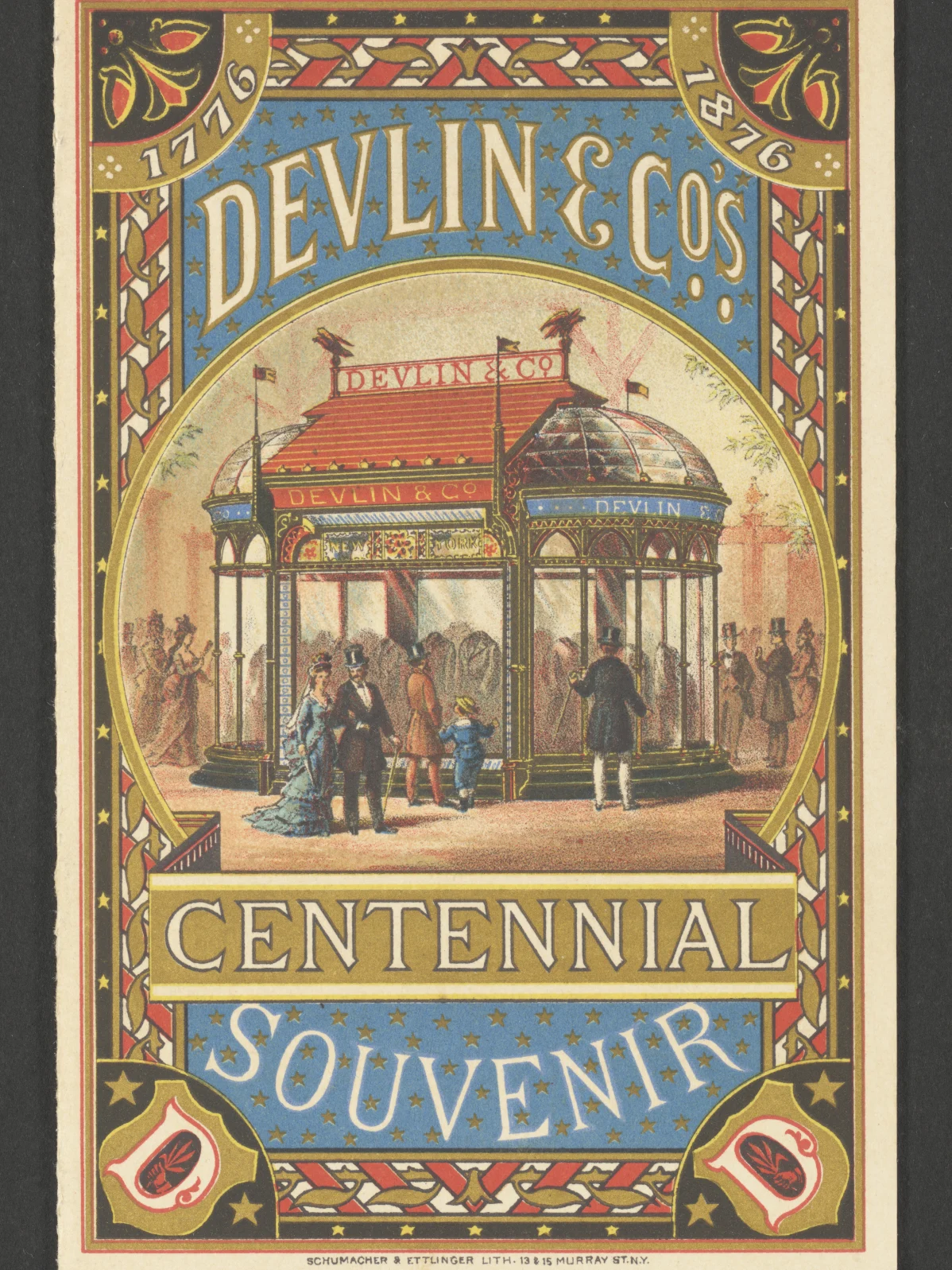 Ornate design with scene fo people in Victorian dress around a display. Card reads 1776-1876 Devil & Co's Centennial Souvenir