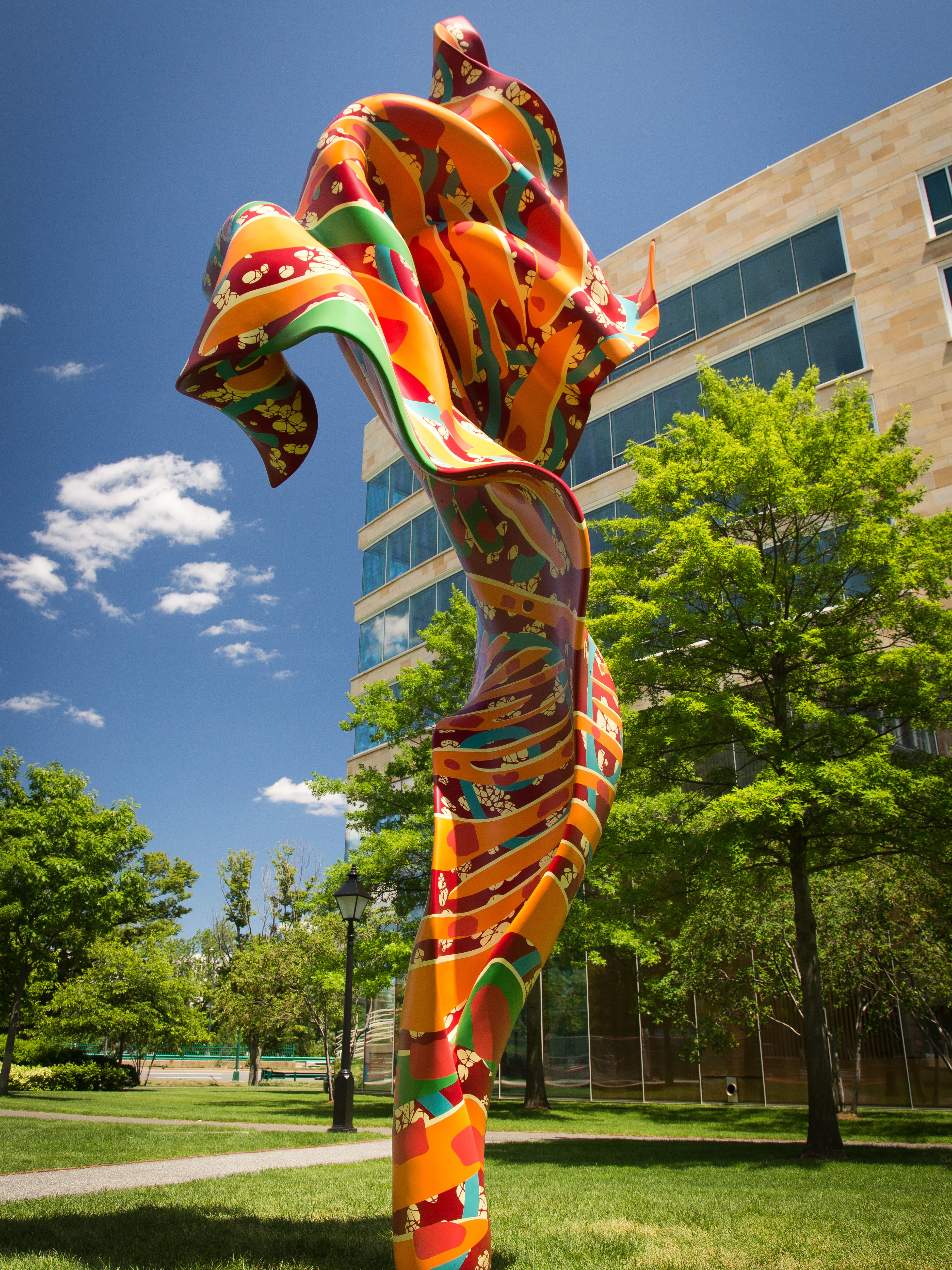 Y. Shonibare CBE RA, Wind Sculpture (SG) V, 2019, stainless steel armature with hand painted glass reinforced polyester cast. 275 1/2×100×78 5/8 in, C Ludens Ringnes Sculpture Collection, HBS © Yinka Shonibare CBE RA. All Rights Reserved, DACS/ARS, NY 2023