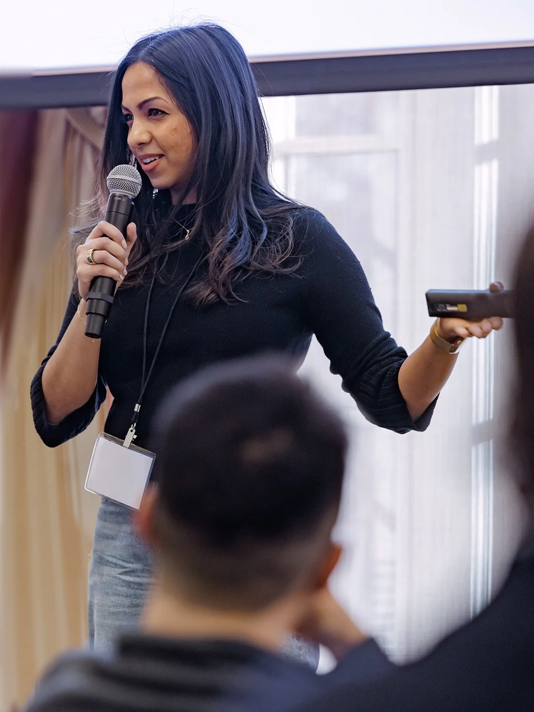 An MBA student makes a pitch to early-stage investors during Demo Day.