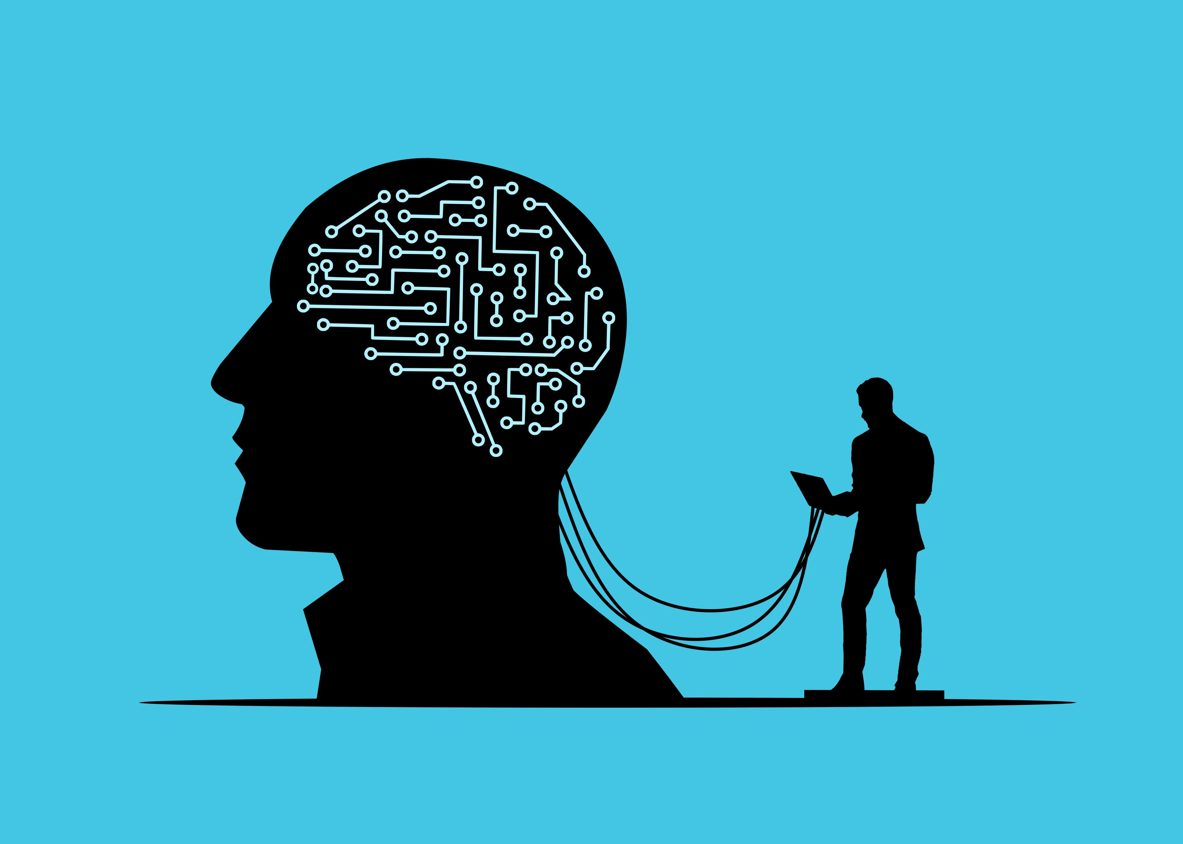 Data brain helping human make decisions at work