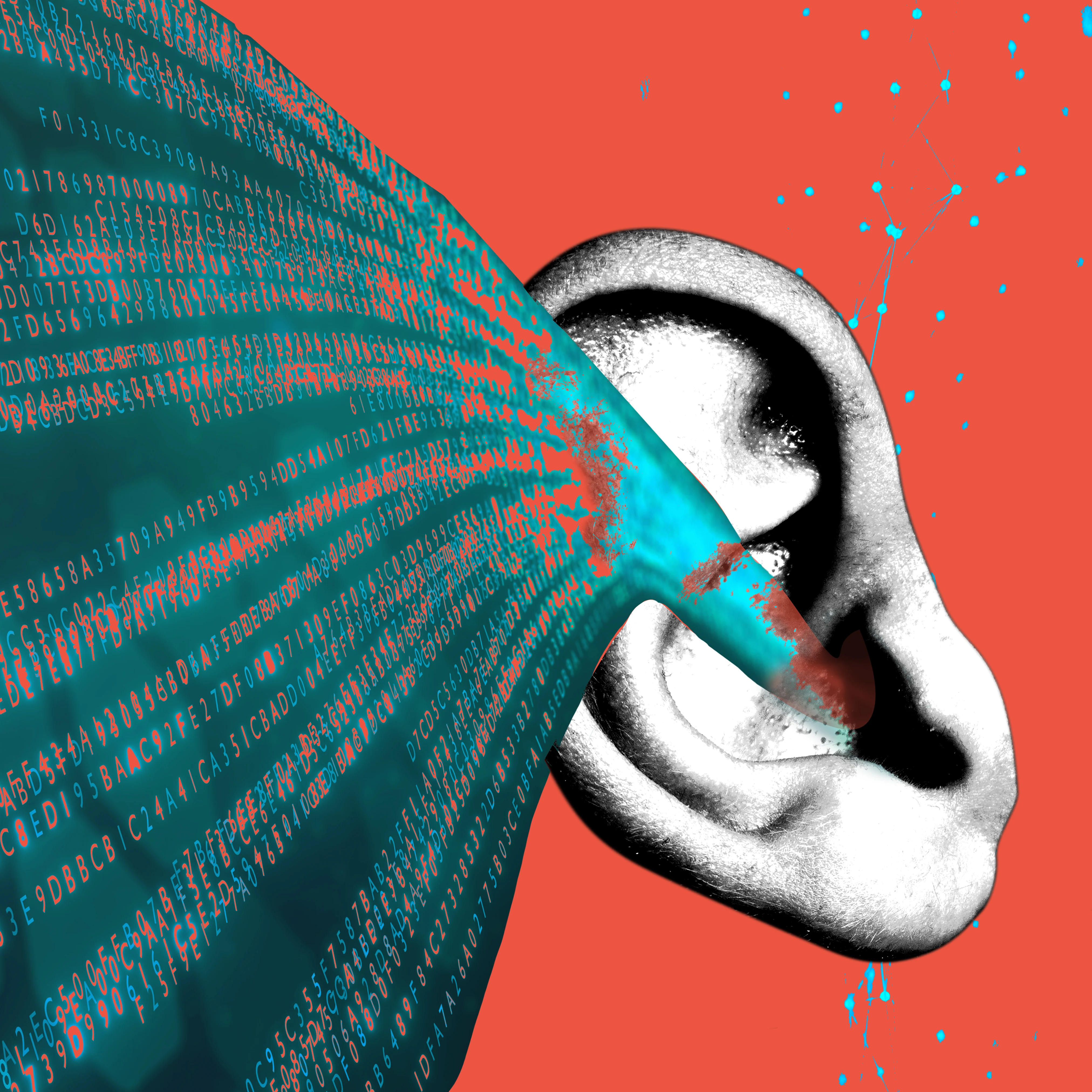 Close-up of a human ear on a red background. Teal streams of code flow into the ear.