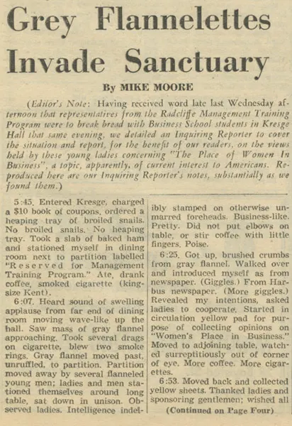 "Grey Flannelettes Invade Sanctuary." The Harbus News, February 17, 1956.