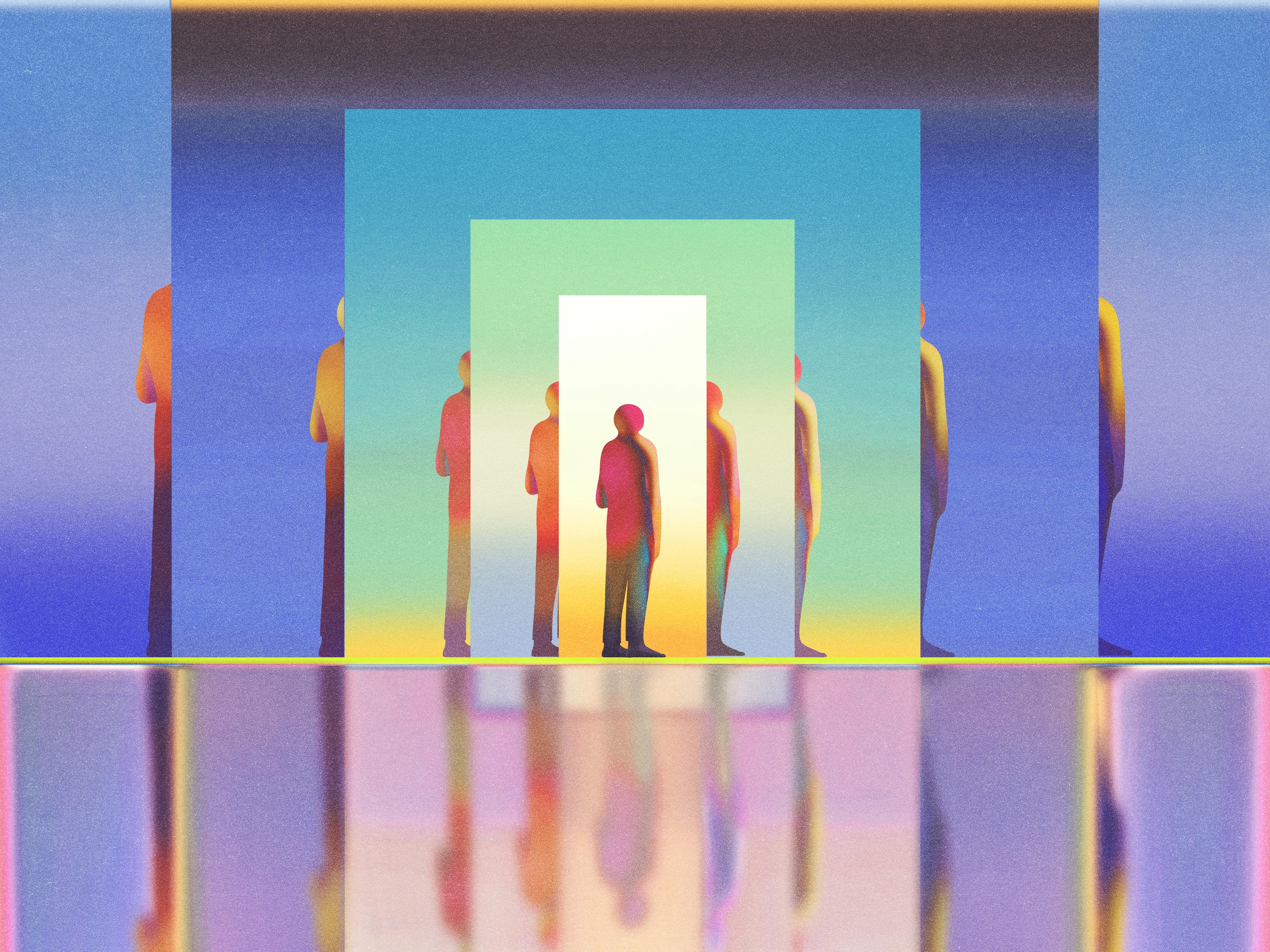 A person stands centered within layered frames, representing defining direction and setting clear career goals.