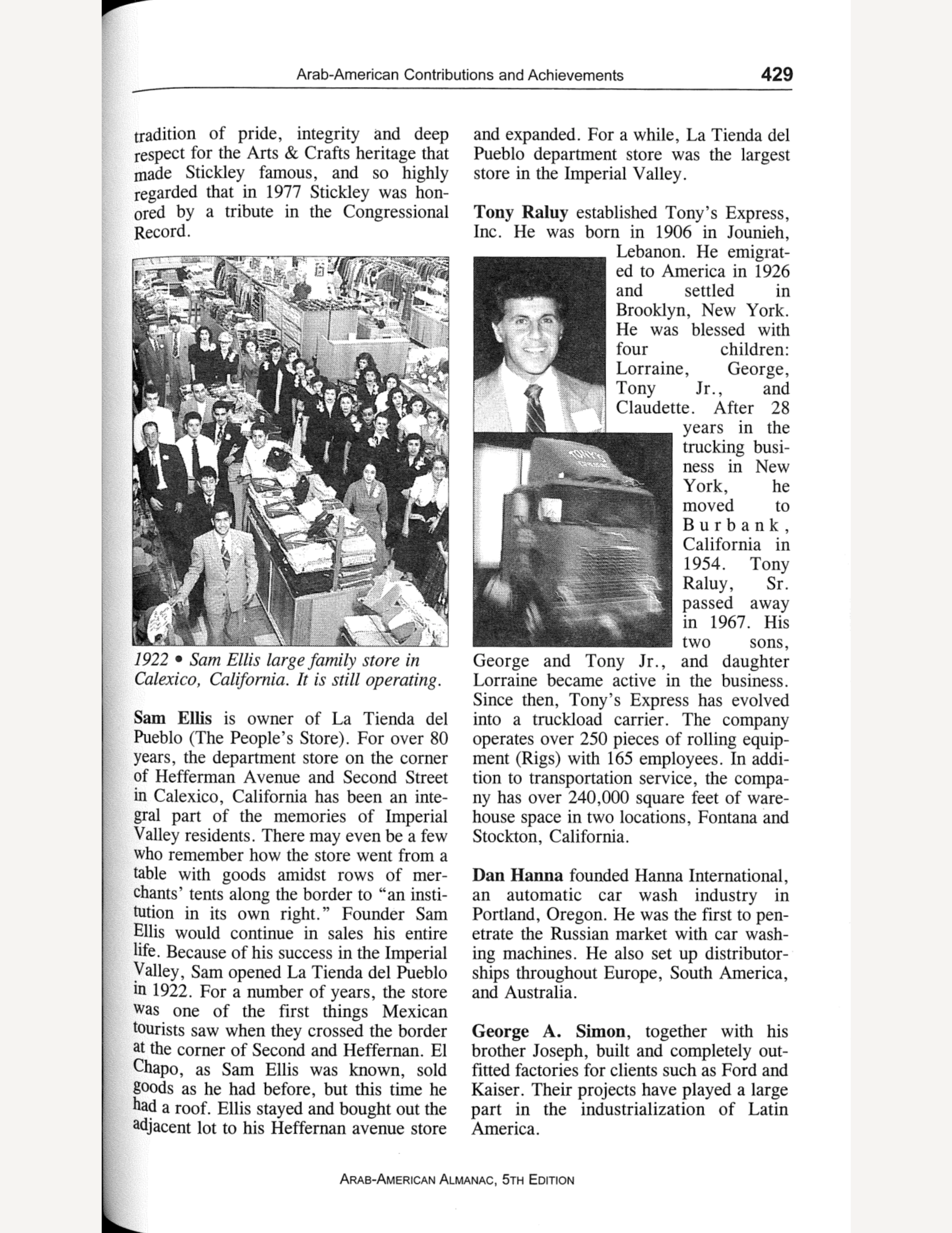 The business/finance section of the almanac. It includes text entries on prominent figures with some related images.