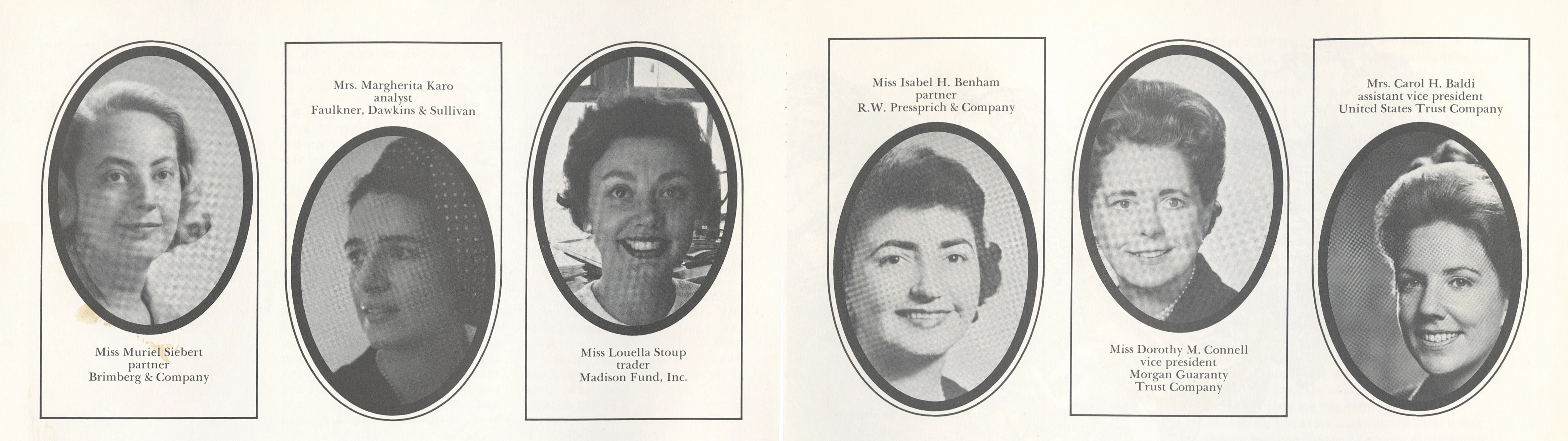 Portraits of six women finance professionals, including Muriel Siebert, with names, titles, and company affiliations.