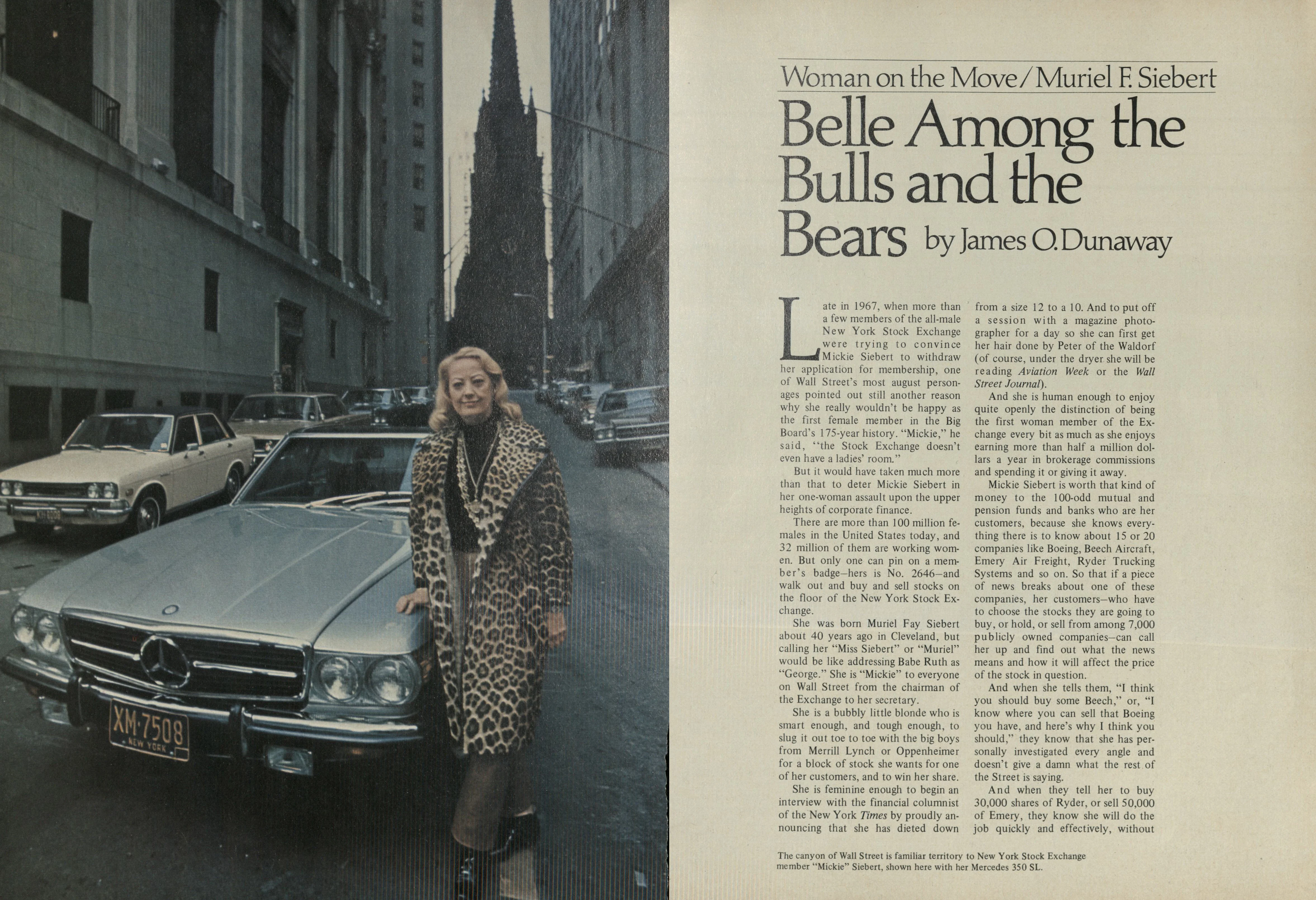 Muriel Siebert in leopard coat beside her Mercedes on Wall Street, featured in article “Belle Among the Bulls and the Bears.”