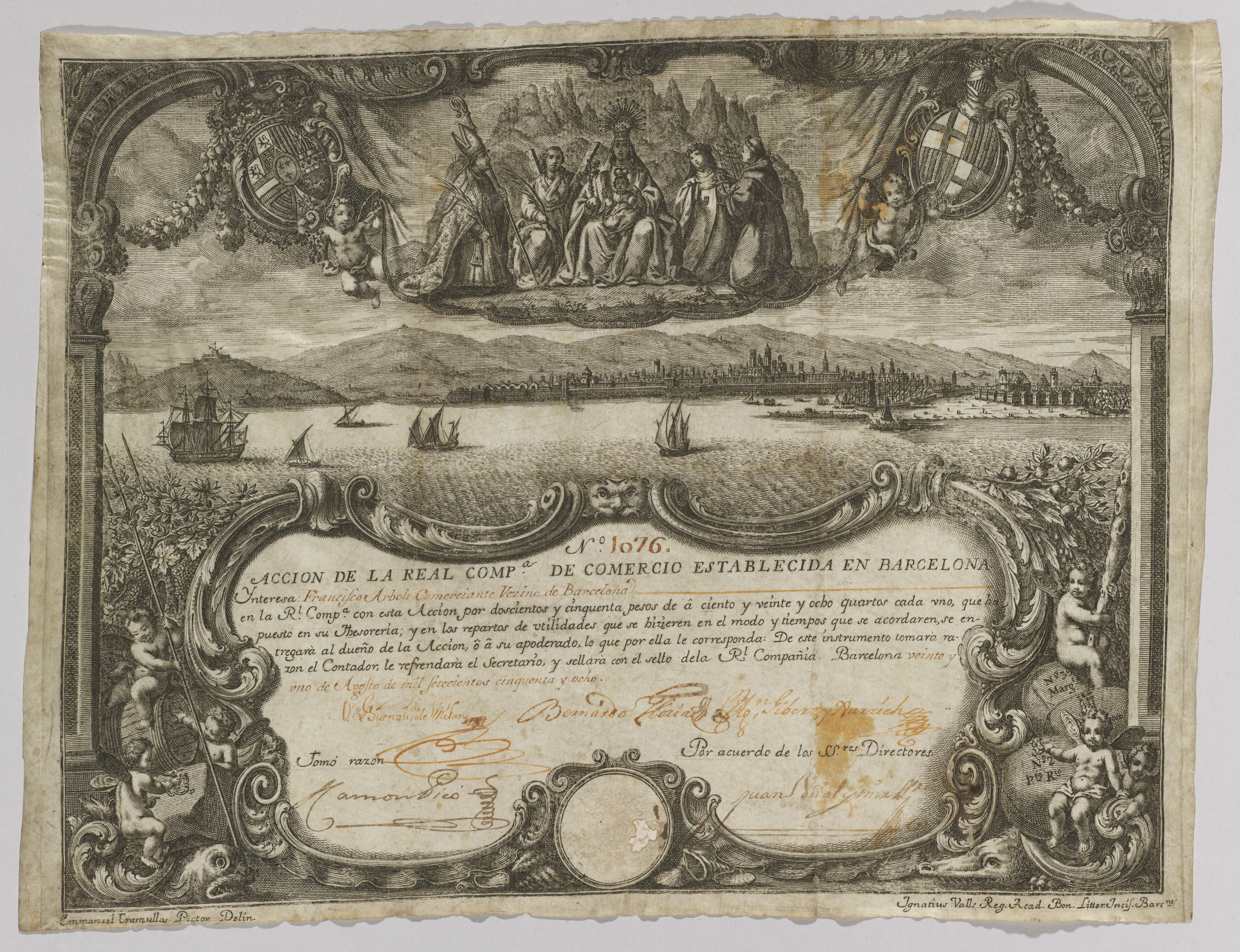 Spanish stock certificate issued by the Real Compañía de Comercio de Barcelona in 1758