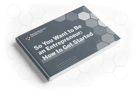 Closed book titled “So You Want to Be an Entrepreneur: How to Get Started” with Harvard Business School Online logo.