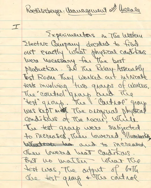 Hester D. Spencer's examination book for Fritz J. Roethlisberger's Human Problems of Administration course, September 17, 1948