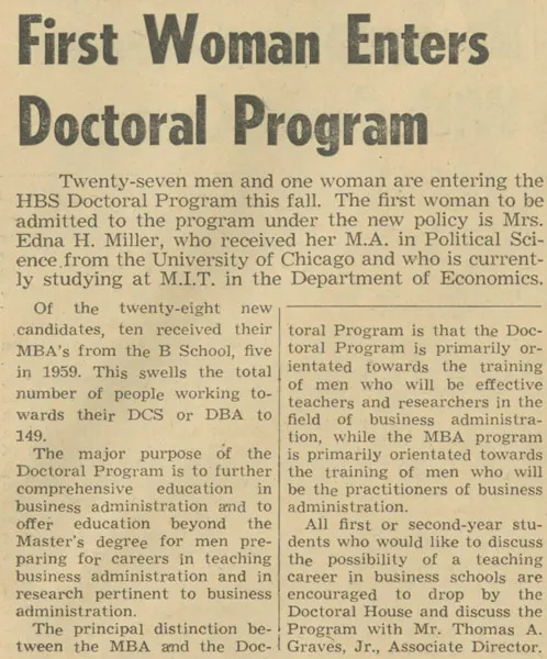 "First Woman Enters Doctoral Program." The Harbus News, September 16, 1959.