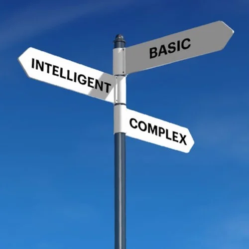 Road sign showing the three major types of failure "Basic", "Intelligent" and "Complex"
