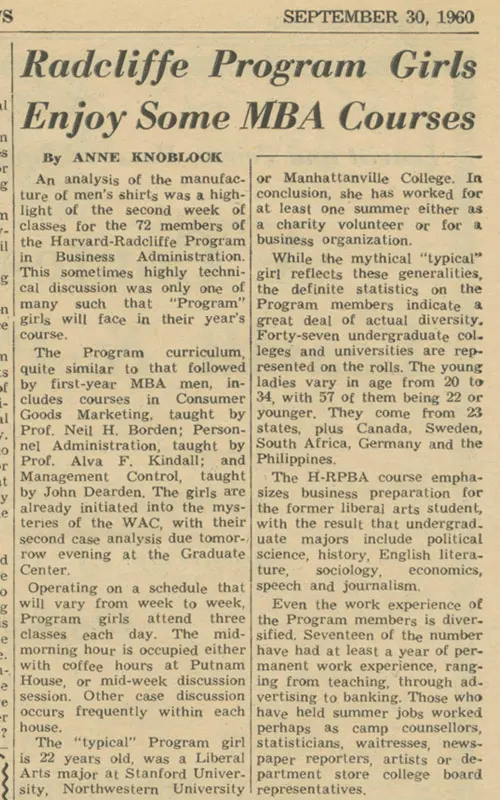 "Radcliffe Program Girls Enjoy Some MBA Courses." The Harbus News, September 30, 1960.
