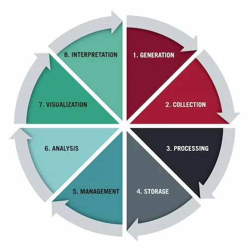Chart showing the Data Lifecycle: Generation, collection, processing, storage, management, analysis, visualization, and interpretation