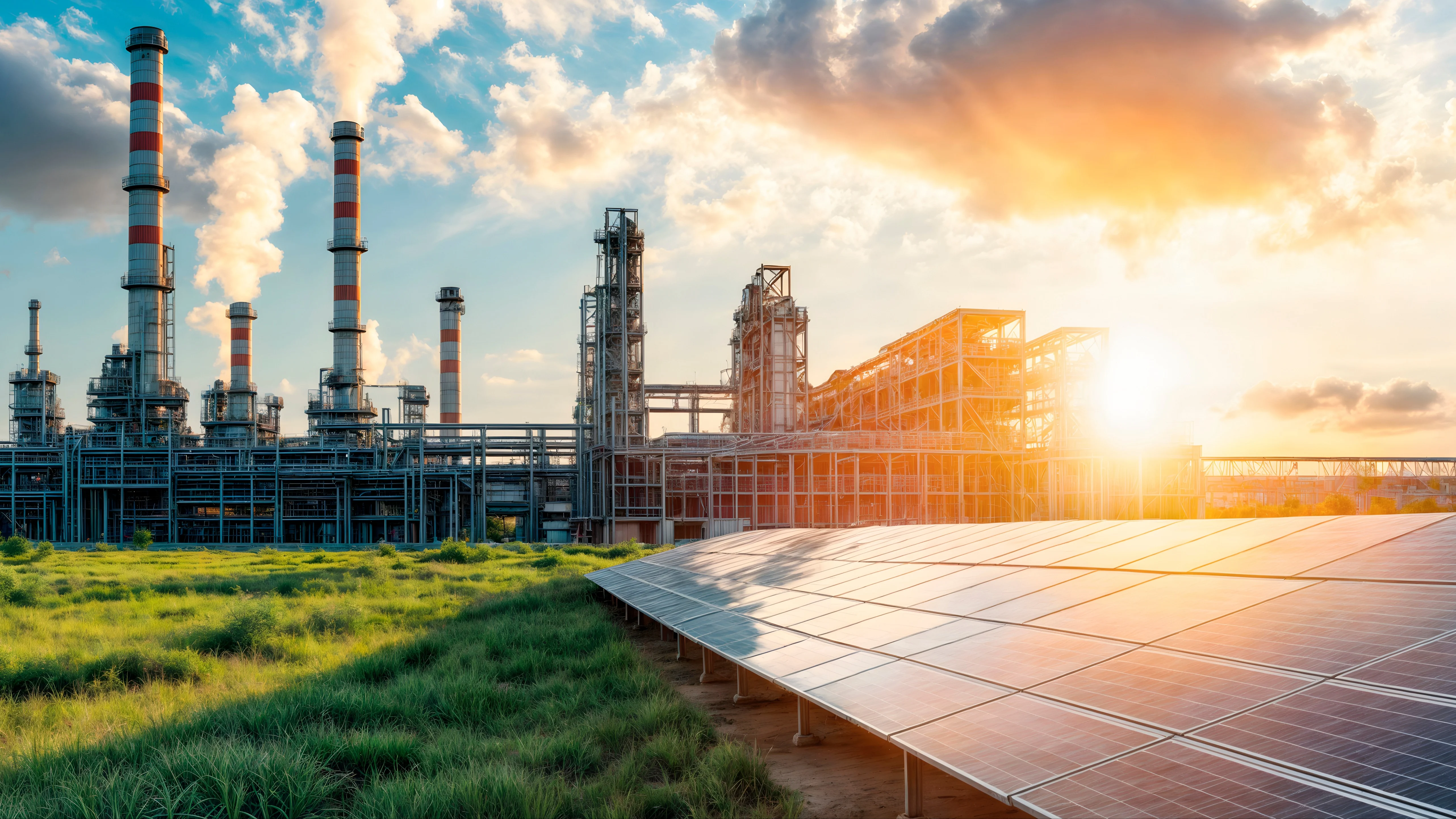 Image with polluting factory against clean energy farm