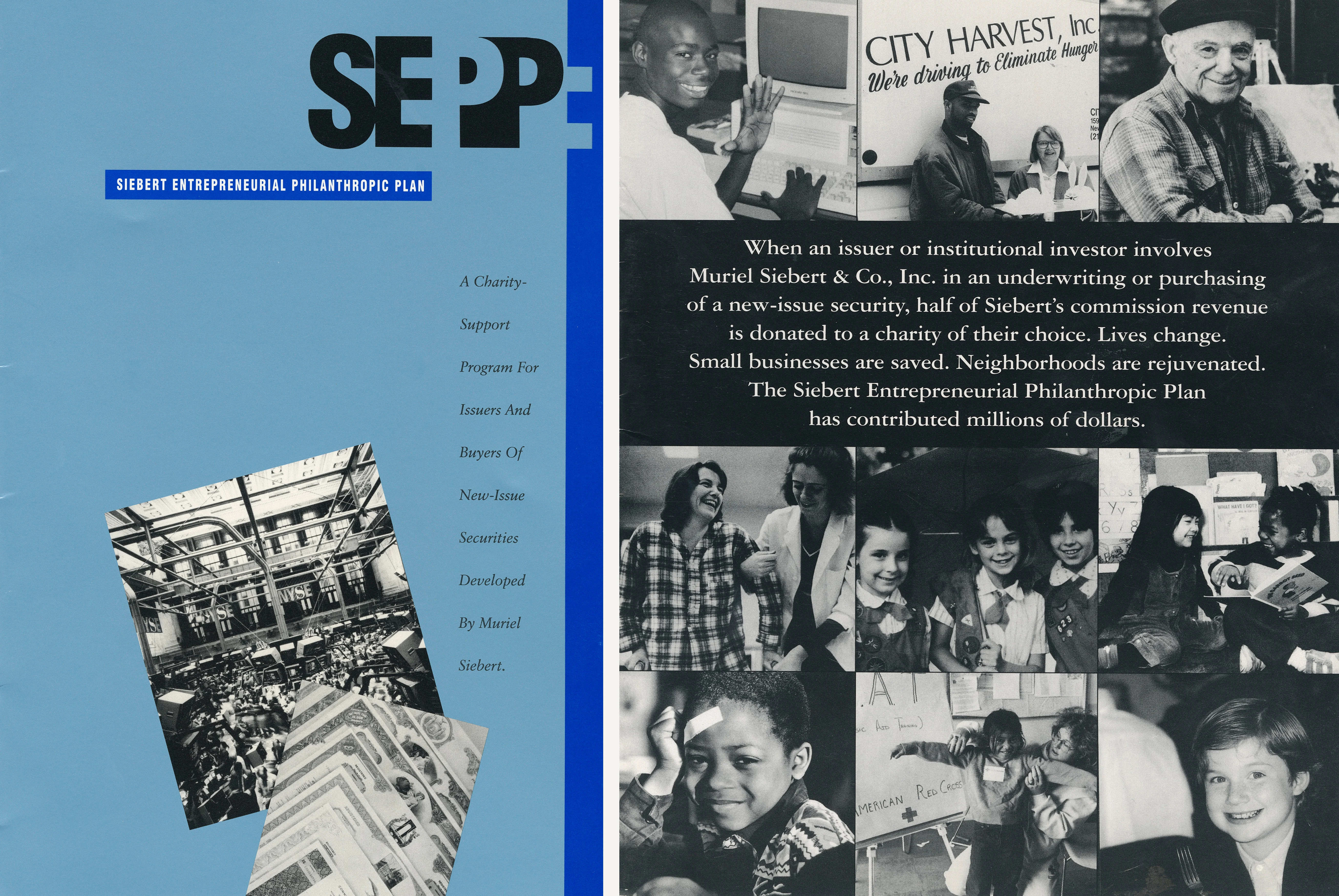 SEPP brochure cover and interior highlight Muriel Siebert’s program donating commissions to charity, with photos of beneficiaries.