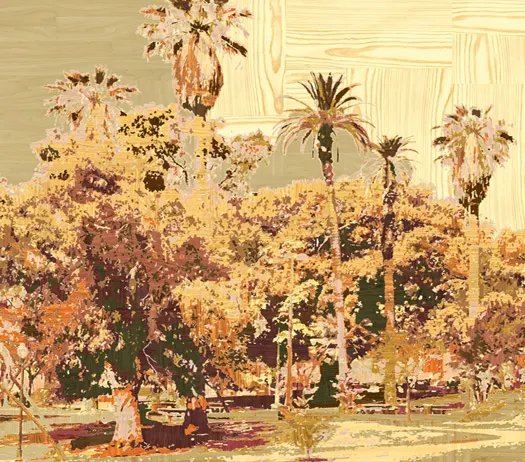 Digitally collaged MacArthur Park scene with palm trees and woodgrain textures in warm, layered tones.