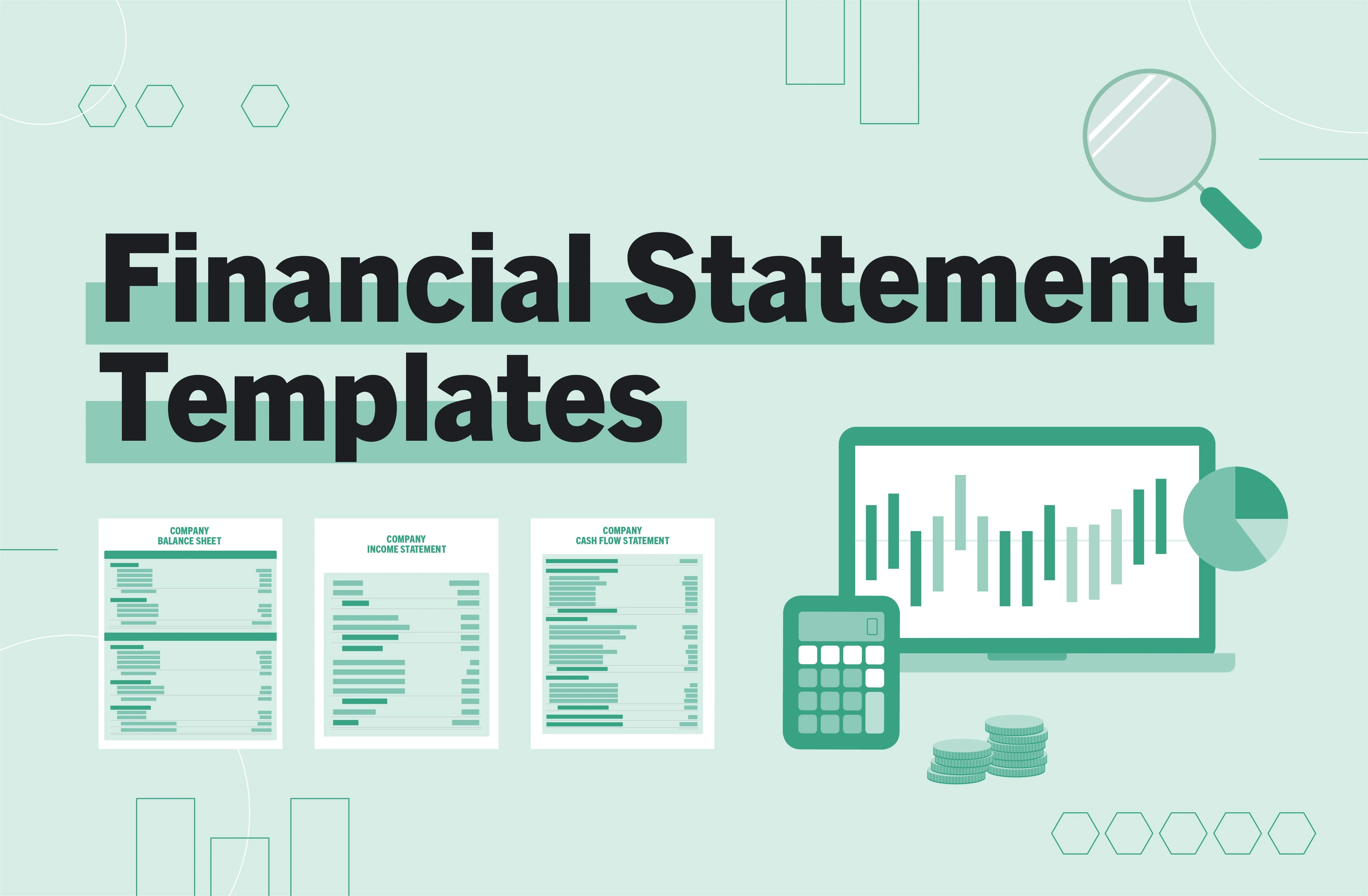 Financial Statement Templates text with icons of reports, a laptop chart, calculator, coins, and magnifying glass on a green background.