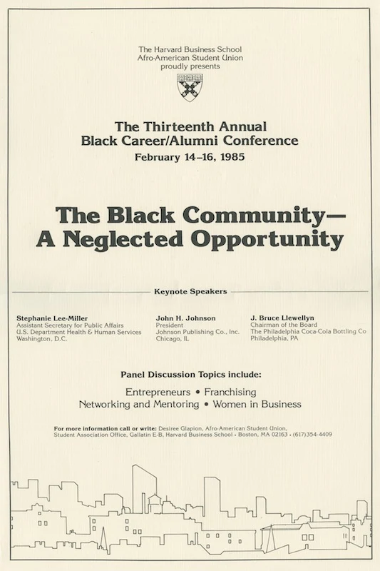 “The Black Community–A Neglected Opportunity,” Thirteenth Annual Black Career/Alumni Conference, Harvard Business School, February 14-16, 1985