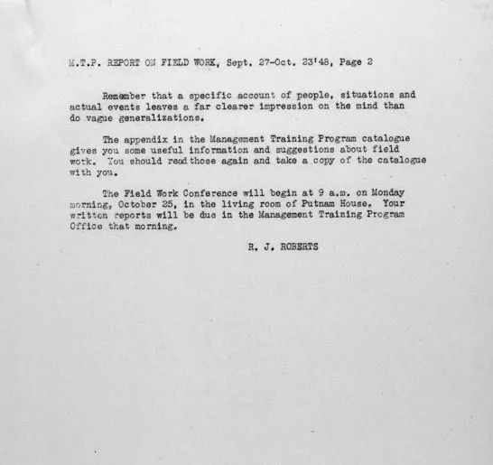 Management Training Program assignment guidelines for report on field work, 1948