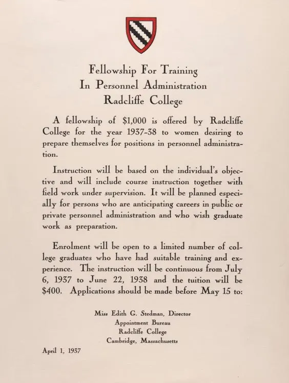 Radcliffe College Announcement of Fellowship for Training in Personnel Administration, April 1, 1937