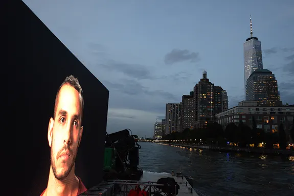Shimon Attie, Night Watch (Victor with Freedom Tower), Hudson River, 2018