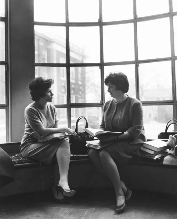Jacqueline Bugnion (MBA 1964) and Jane G. Lack (MBA 1964) in Aldrich Hall, ca. 1964
