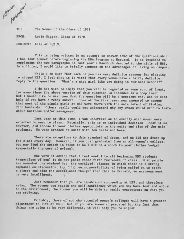 Memo on Life at HBS to "The Women of the Class of 1971"