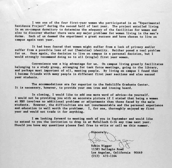 Memo on Life at HBS to "The Women of the Class of 1971"