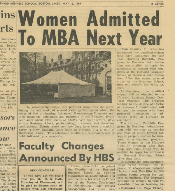 "Women Admitted To MBA Next Year." The Harbus News, May 15, 1959.