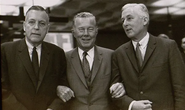 Leonard McCollum with Dean George Baker and Harvard University President Nathan Pusey