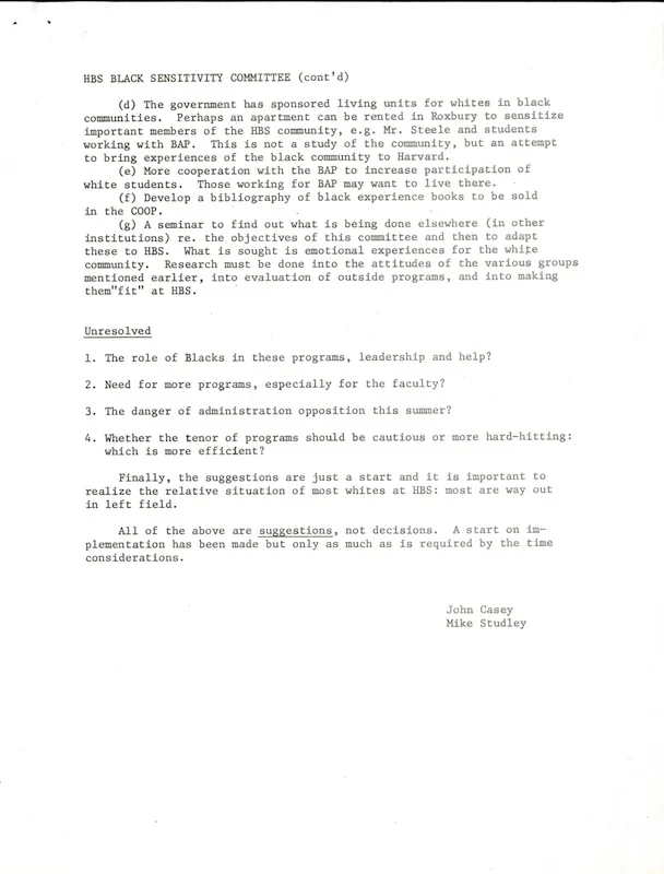 “HBS Black Sensitivity Committee student proposal,” ca. 1970