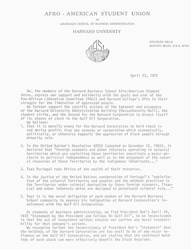 “AASU statement of support for the Pan-African Liberation Committee (PALC) and Harvard College's Afro in their takeover and occupancy of the Harvard University Administration Building,” April 23, 1972