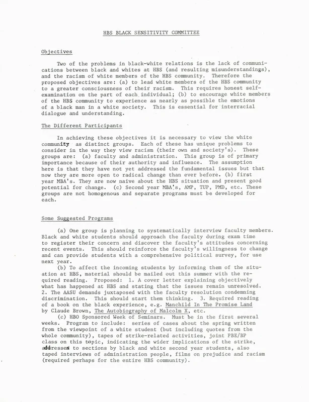 “HBS Black Sensitivity Committee student proposal,” ca. 1970