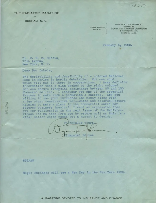 Letter from Benjamin Tanner Johnson to W. E. B. Du Bois, January 5, 1922