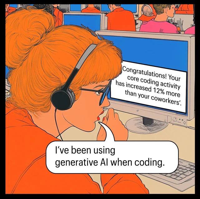 Call center manager sitting at her computer says that she has been using generative AI, which increased her coding activity.