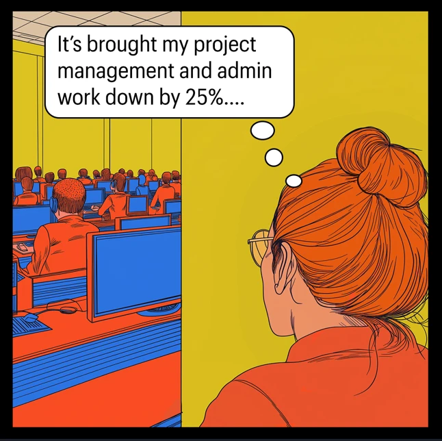 Call center manager in comic style thinks about how generative AI reduced her administrative work by 25 percent.