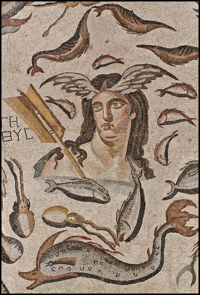 Ancient mosaic depicting Tethys, the sea goddess, with winged brows surrounded by fish, sea creatures, and marine motifs