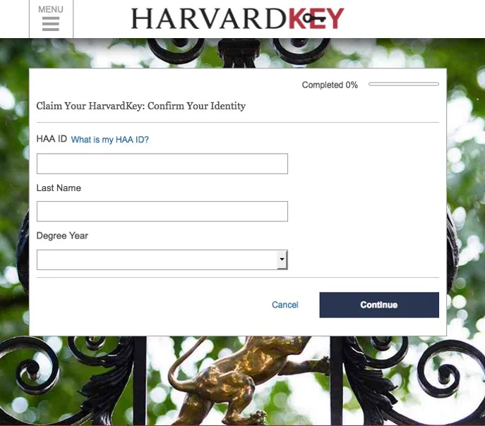 Screenshot showing webpage for entering information to establish HarvardKey