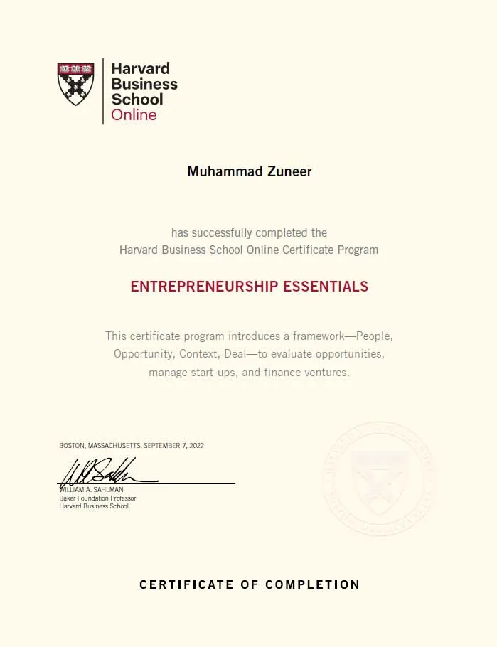 Harvard Business School Online certificate awarded to Muhammad Zuneer for completing Entrepreneurship Essentials.