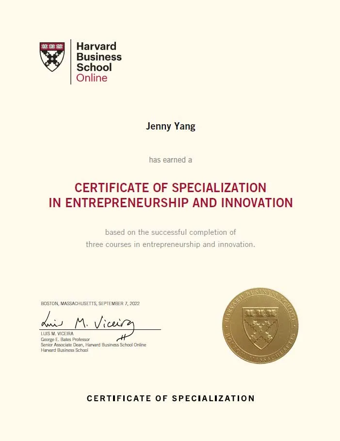 Certificate from Harvard Business School Online awarded to Jenny Yang for specialization in Entrepreneurship and Innovation.