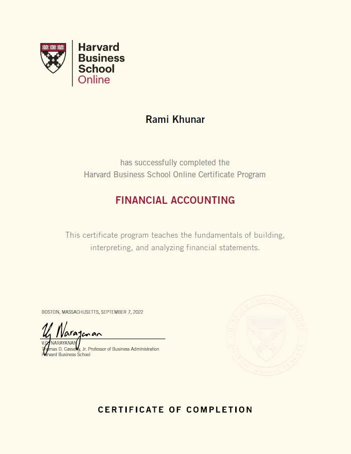 Certificate of completion from Harvard Business School Online awarded to Rami Khunar for completing the Financial Accounting program.