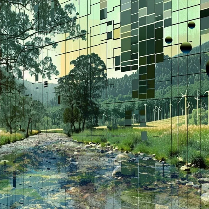 Photo illustration of glass panels with reflection of a forest and stream. 