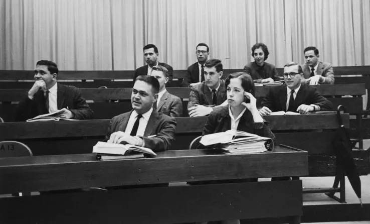 Second year MBA class with Diana C. Greer (MBA 1960) in front row and Roberta Moniz Lasley (MBA 1960) in back row, 1960