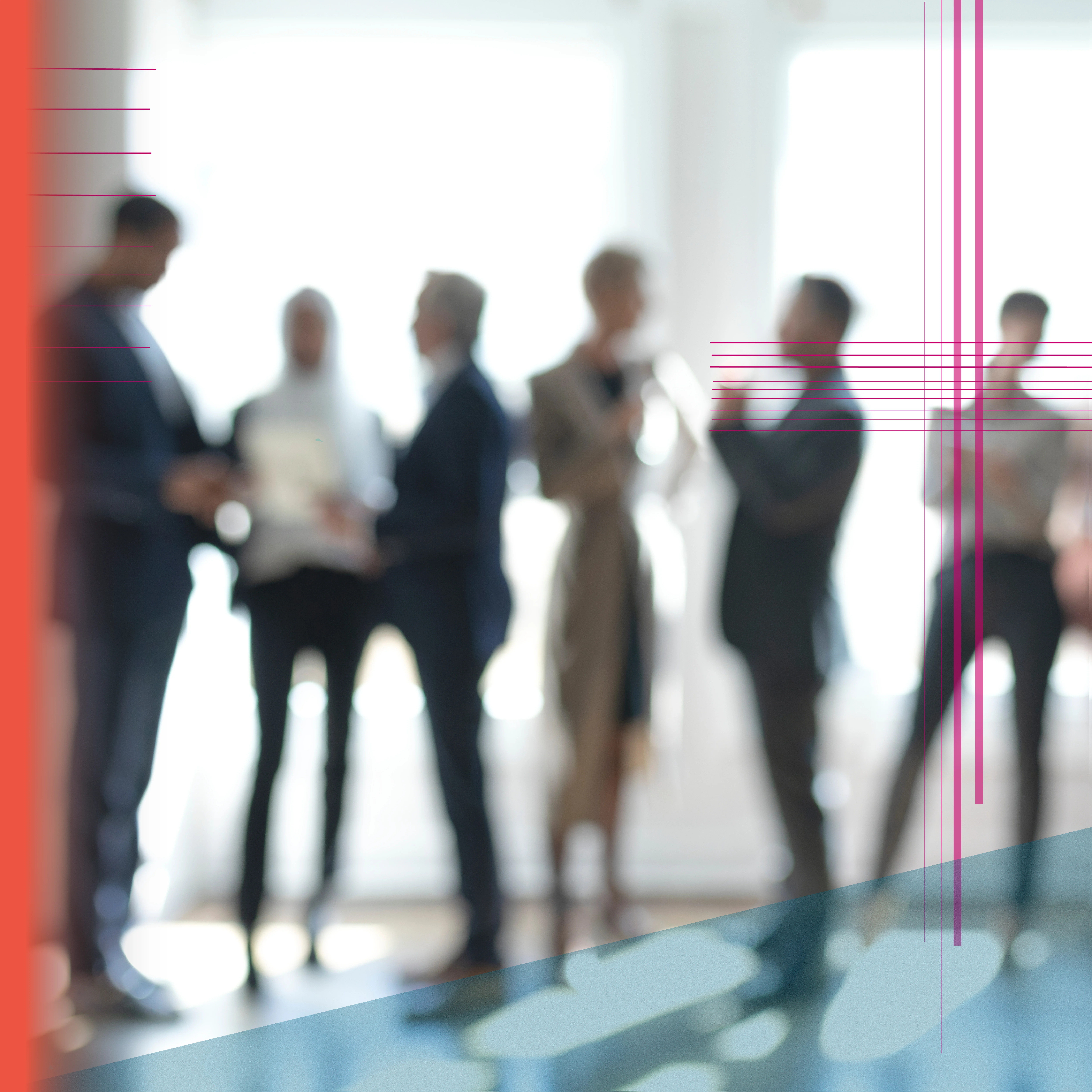 Blurred image with people in businesswear standing and talking, with overlay of orange and magenta lines and blue triangle.