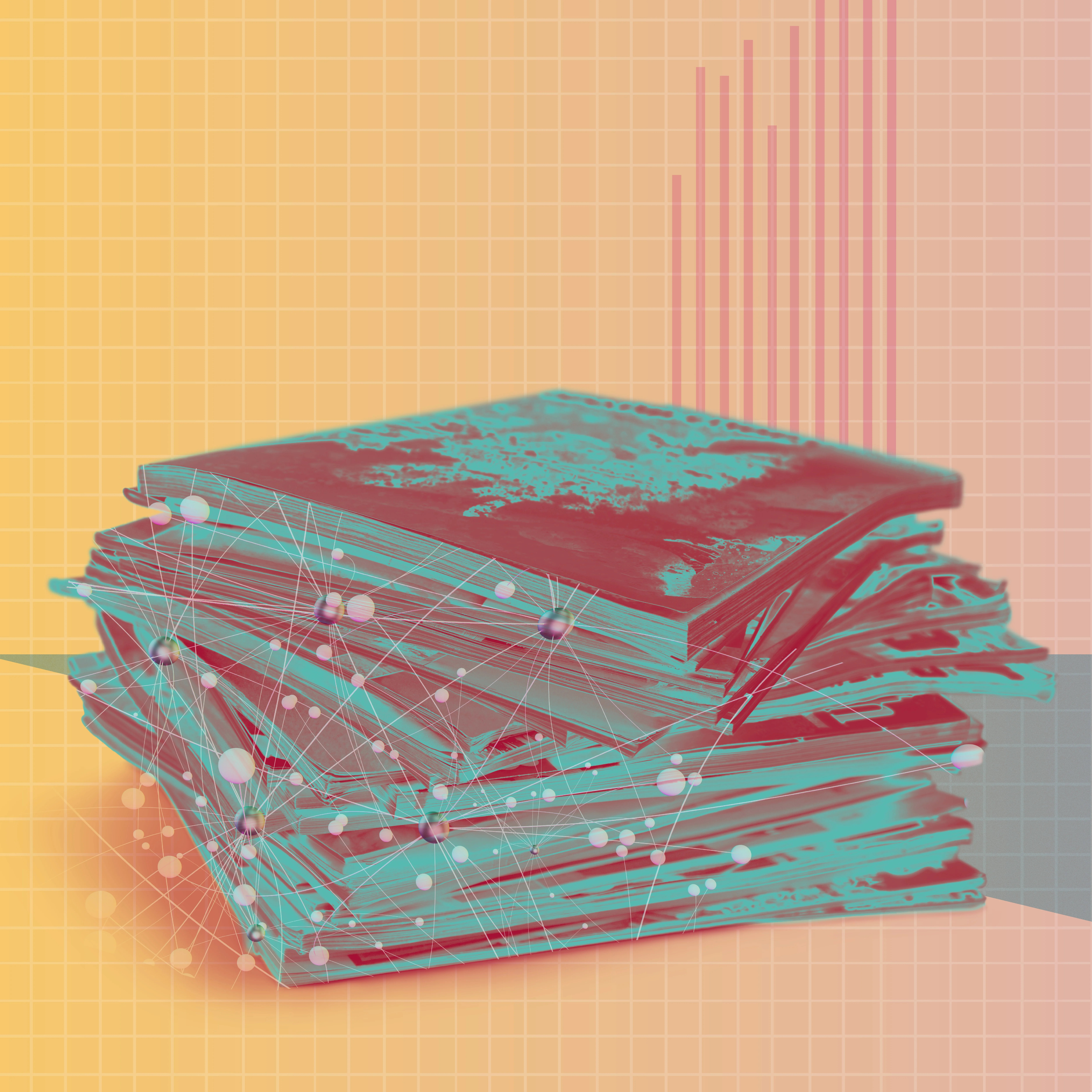 Stylized digital collage showing a stack of magazines in red and teal, with digital synapses overlaying the pages. The background has an orange gradient grid with bar graphs and a grid.