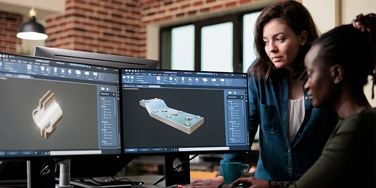 Product designers collaborating on a digital prototype using CAD software in a modern workspace.