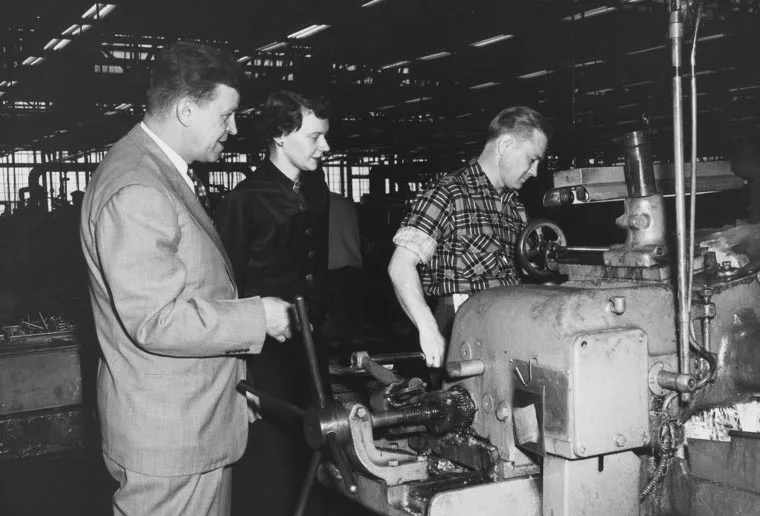 Management Training Program student Emily Cunningham completing field work, 1953