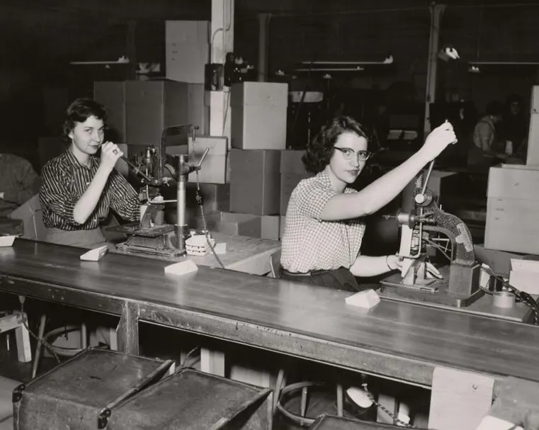 Management Training Program students completing field work at Worcester Molded Plastics, 1954