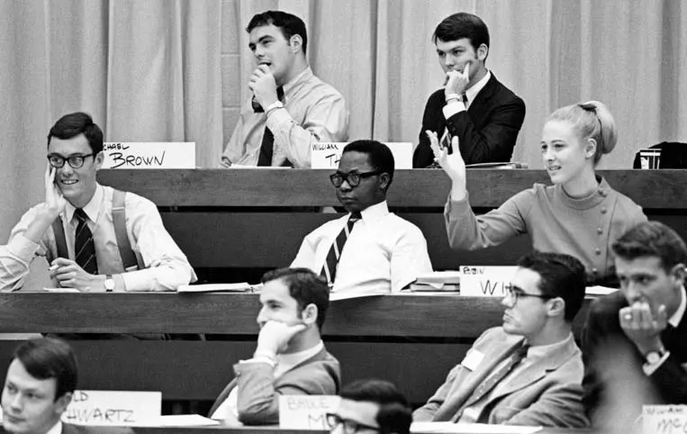 MBA students in classroom, including Robin Wigger (MBA 1970), ca. 1970